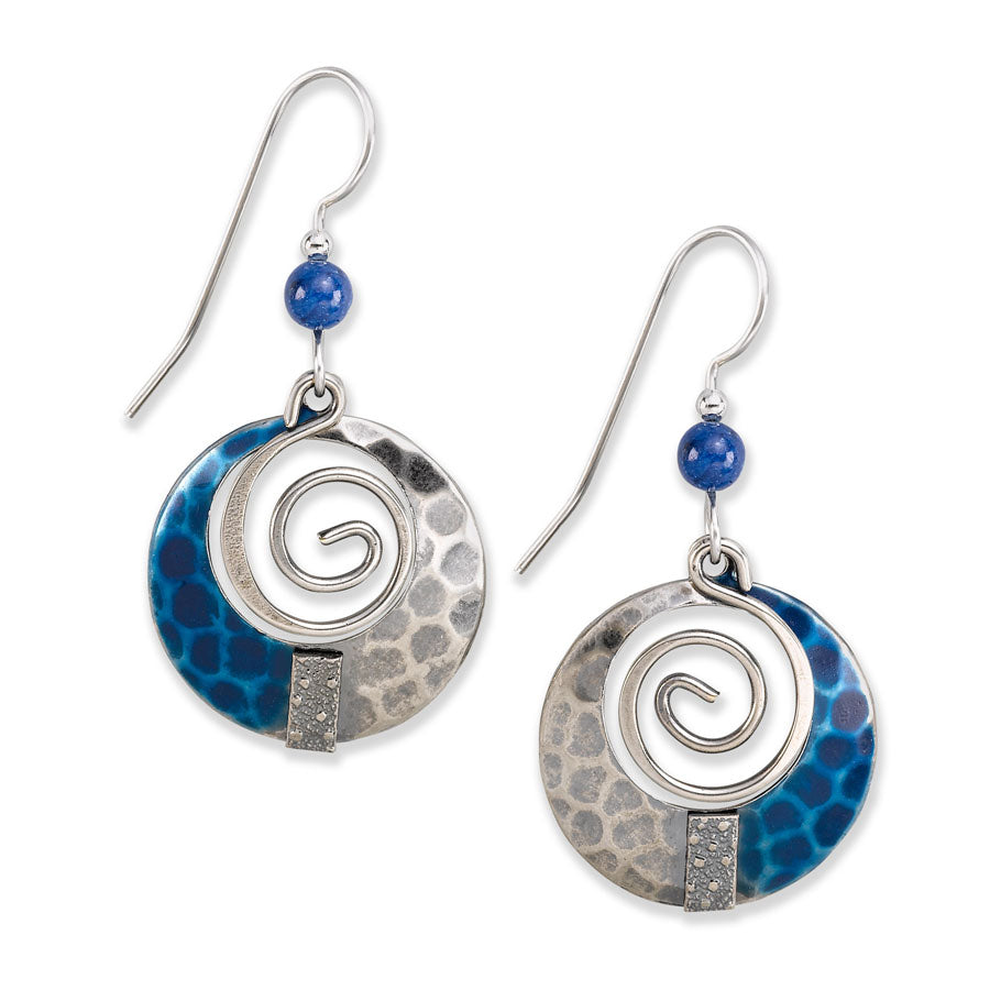 Blue Spiral with Beads dangle earrings featuring silver-tone hammered discs and blue lapis beads.