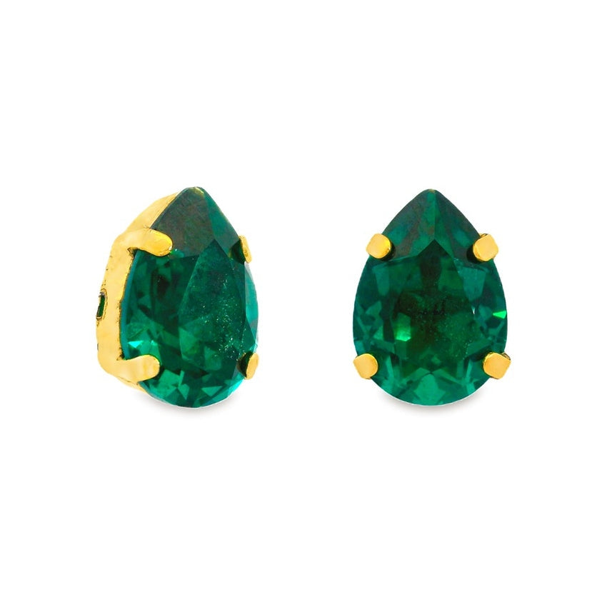 Lumi Studs Earrings featuring pear-cut emerald green crystals in gold-tone prong settings.