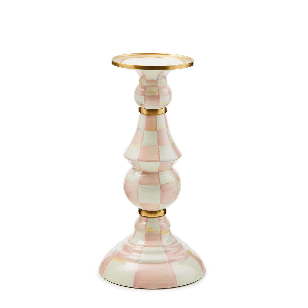 Rosy Check Pillar Candlestick with hand-painted pink and white checks and brass accents.