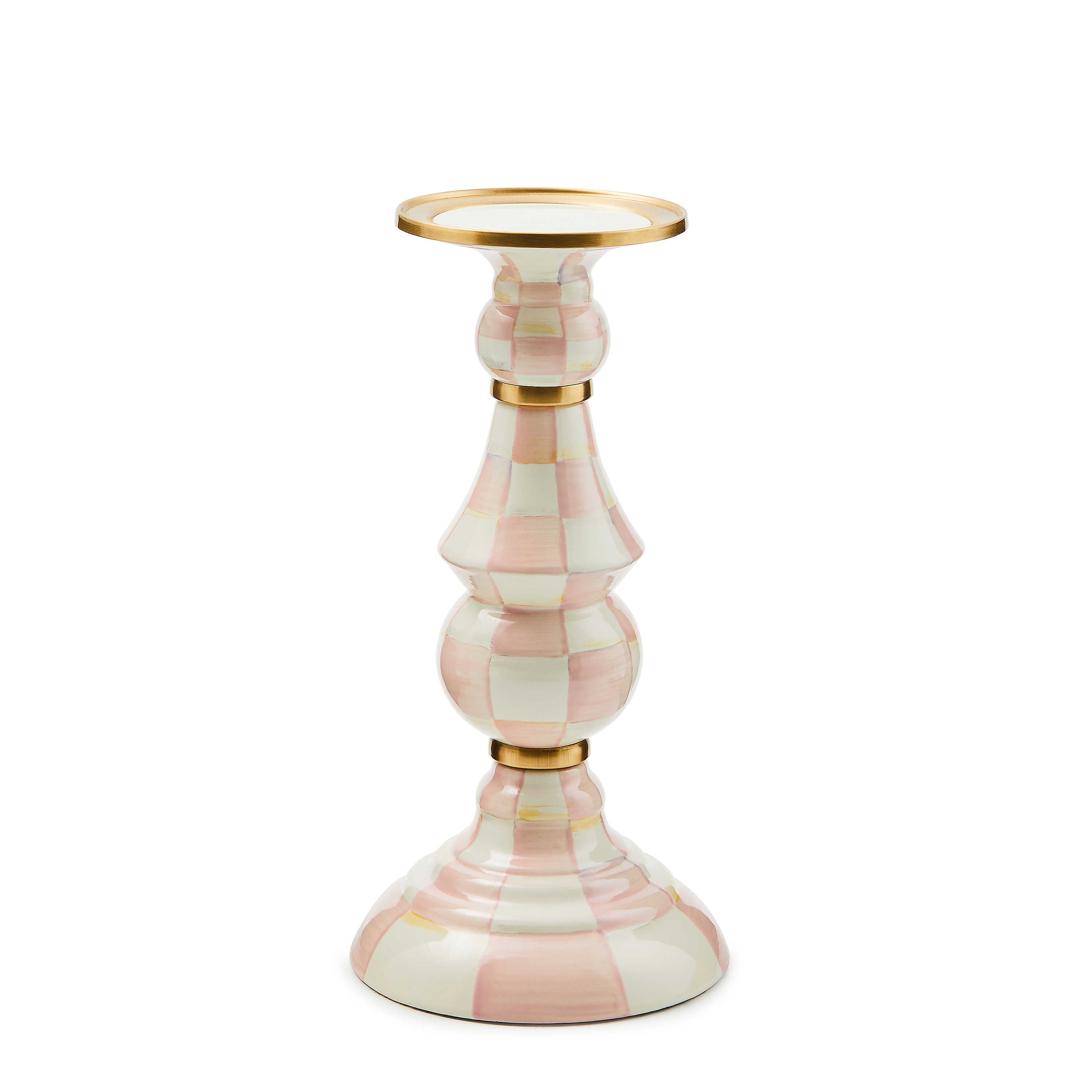 Rosy Check Pillar Candlestick with hand-painted pink and white checks and brass accents.