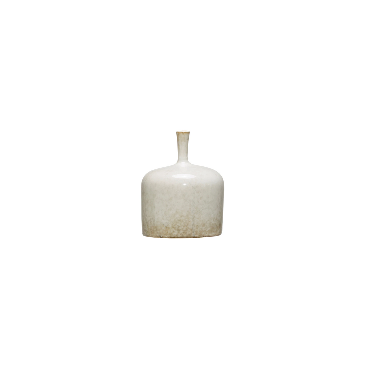 Small round stoneware vase with reactive glaze finish.