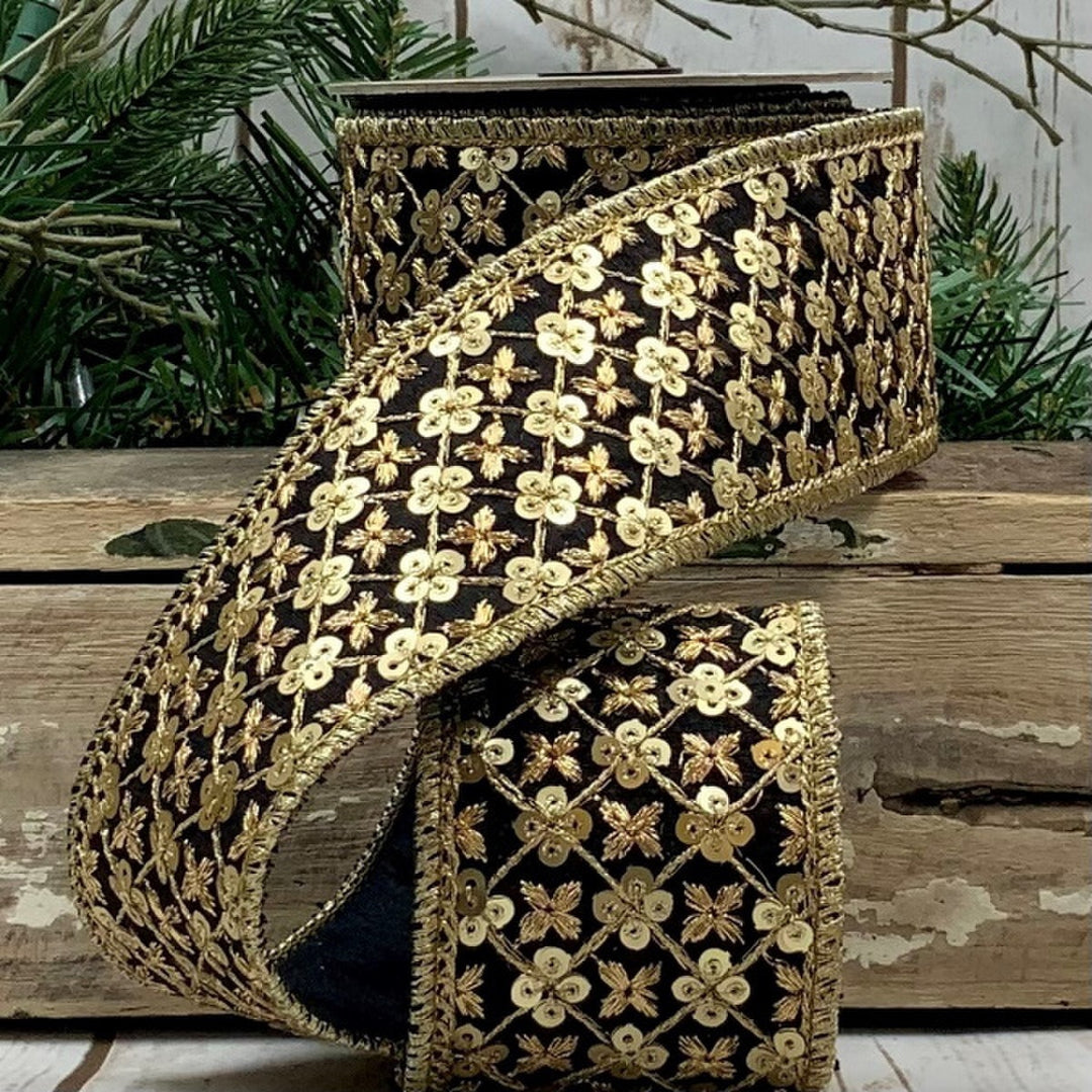 2.5" x 5yds Metallic Dupion Sequin Trim Ribbon, Black