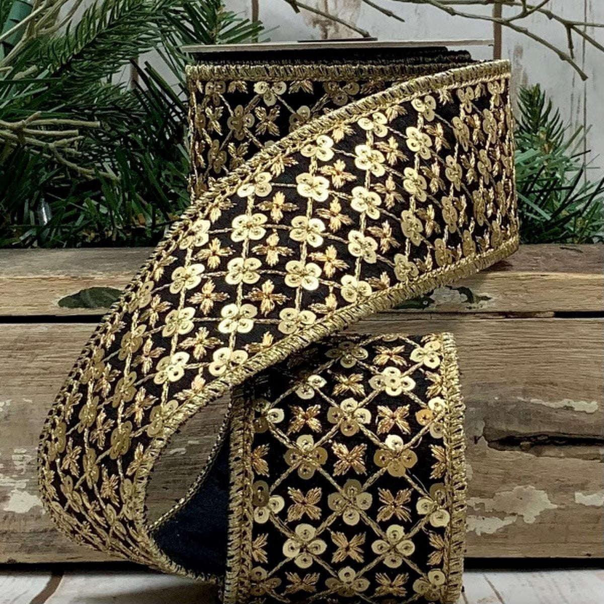 Black metallic dupion sequin trim ribbon with a shiny finish