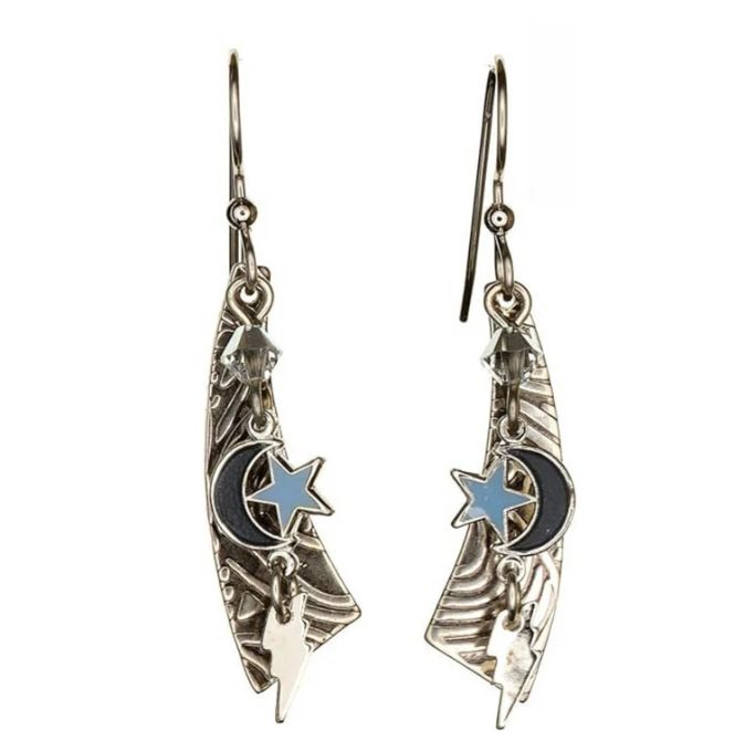 Space Charms On Wisp Earrings featuring a blue star, black crescent moon, and lightning bolt.