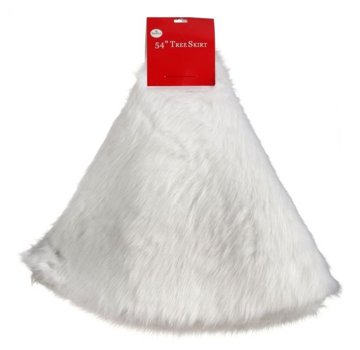 54-inch white faux fur Christmas tree skirt with a red product tag.