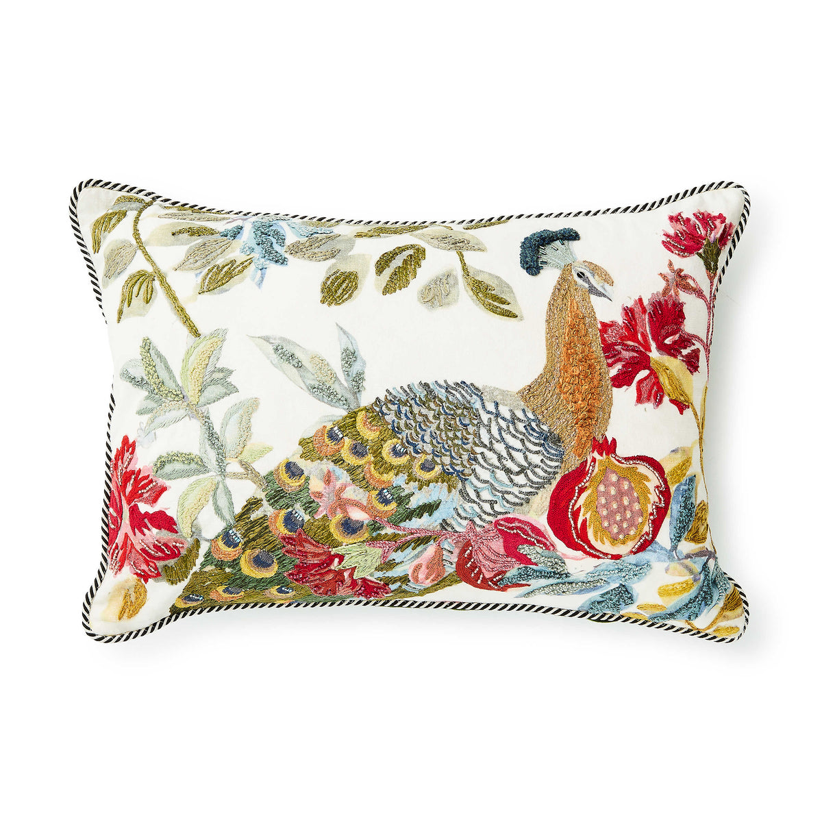 Embroidered lumbar throw pillow featuring a colorful peacock, flowers, and black and white trim.
