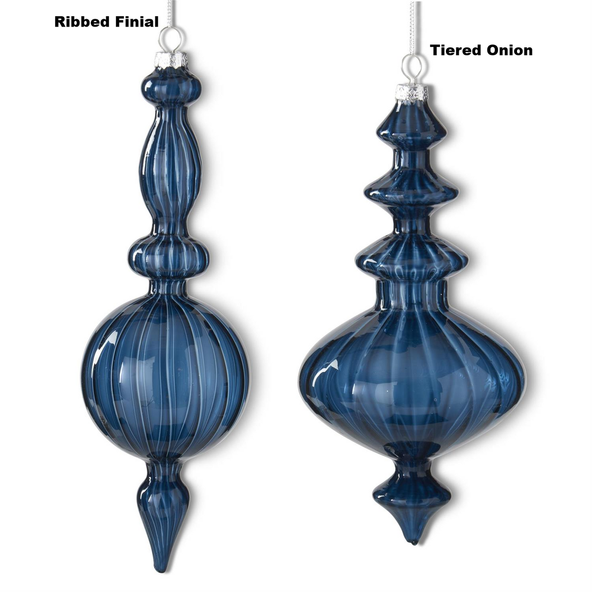 Two dark blue mouth-blown glass ornaments in Ribbed Finial and Tiered Onion designs.