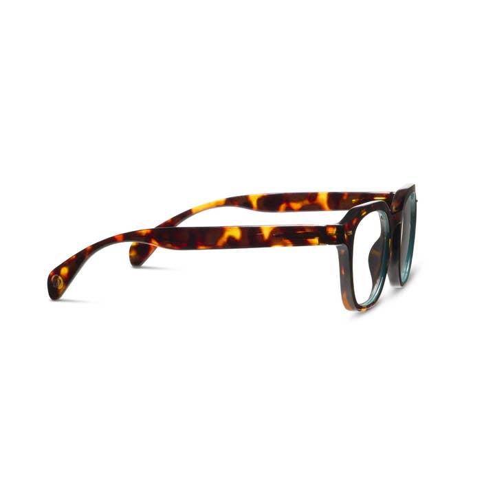 Side view of Neon tortoiseshell polycarbonate glasses with clear blue light lenses.