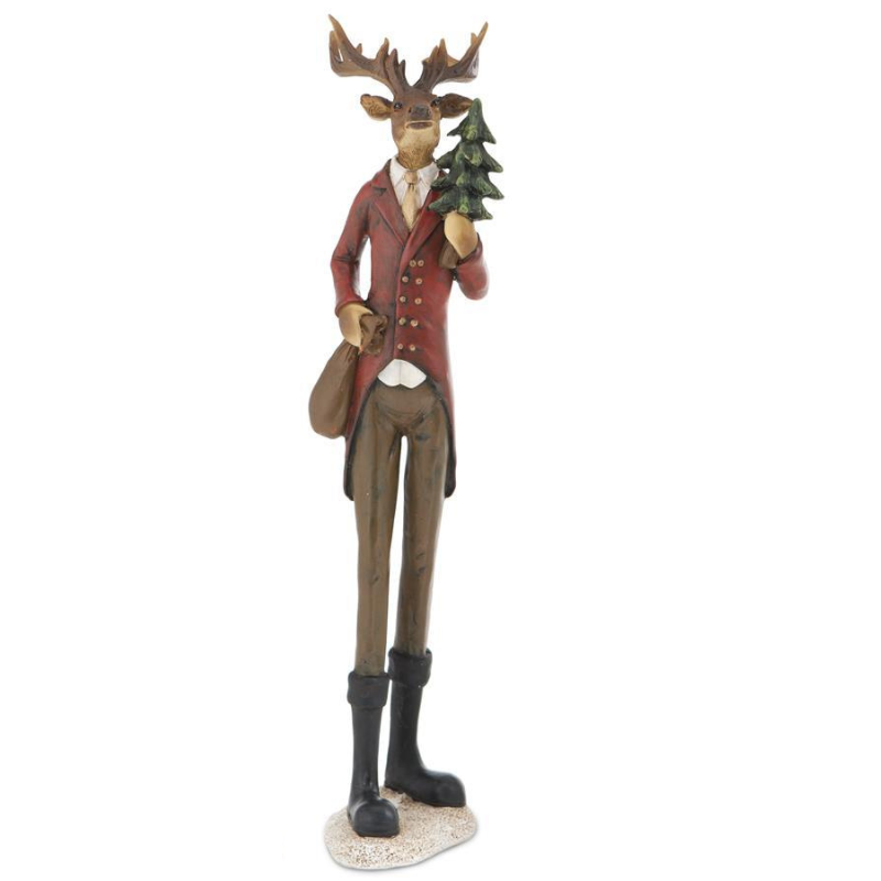 12.5-inch resin reindeer figurine wearing a red suit jacket, holding a small tree and a brown bag.