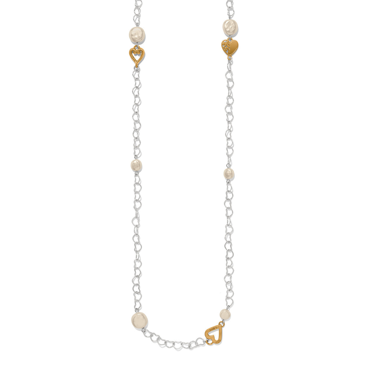 Two-tone silver-gold long necklace featuring fine quality glass pearls on a 42-inch chain with lobster claw closure.