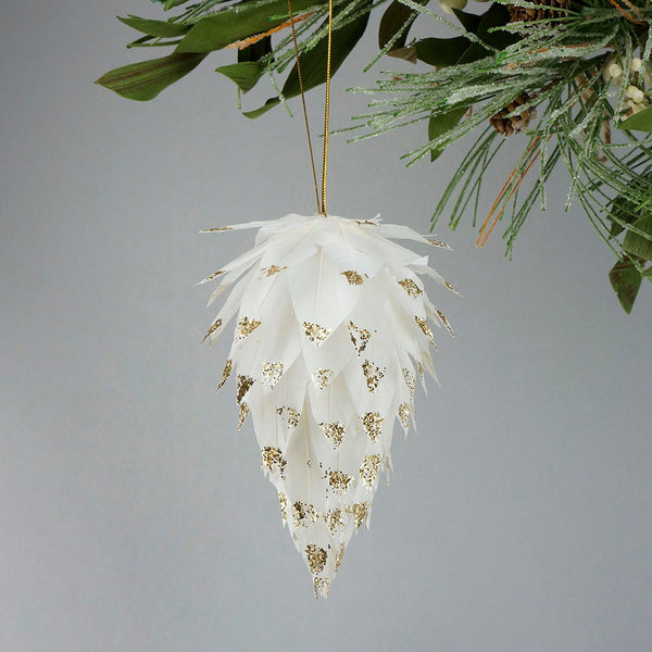 Pine Cone Ornament White With Gold Glitter