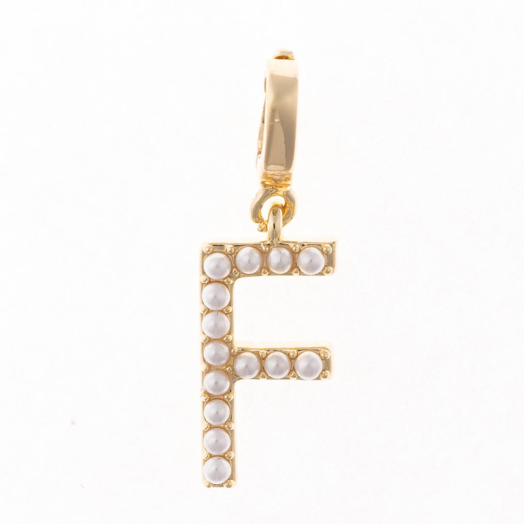 18k gold plated letter F charm with white pearl accents and a clasp for a chain.
