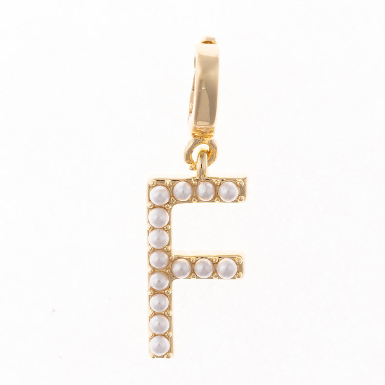 18k gold plated letter F charm with white pearl accents and a clasp for a chain.