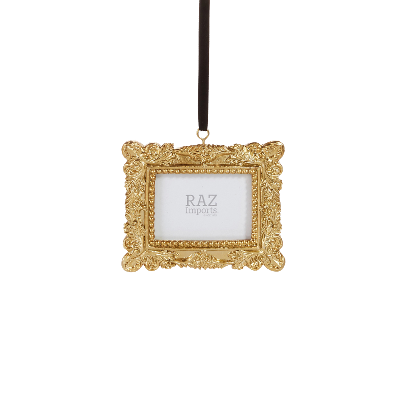 6-inch ornate gold vintage-style photo frame ornament hanging from a black velvet ribbon.
