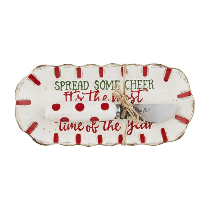 Speckled stoneware butter dish set with stainless steel spreader