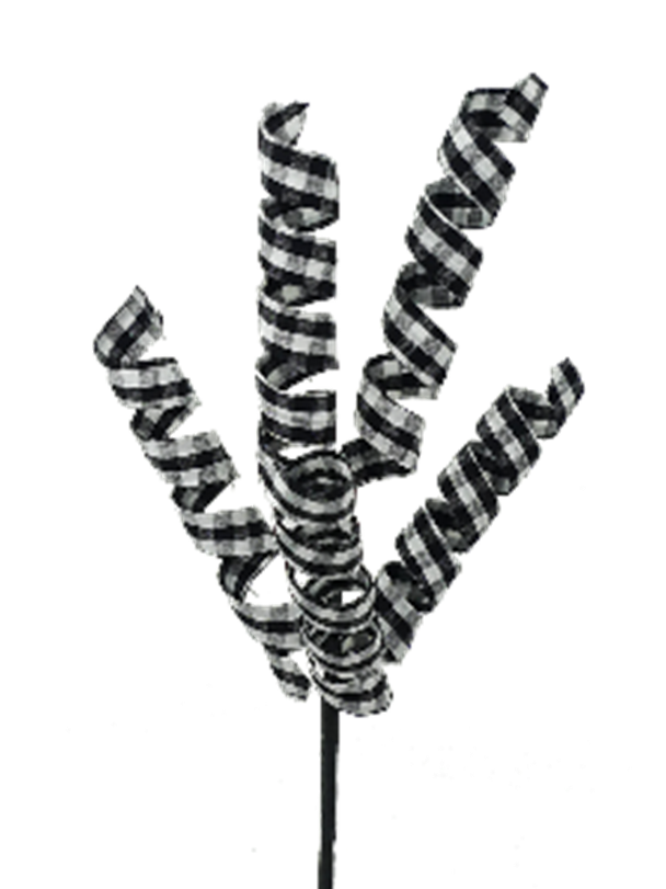 Checker Curly Pick with wired black fabric strips on a black paper-wrapped stem.