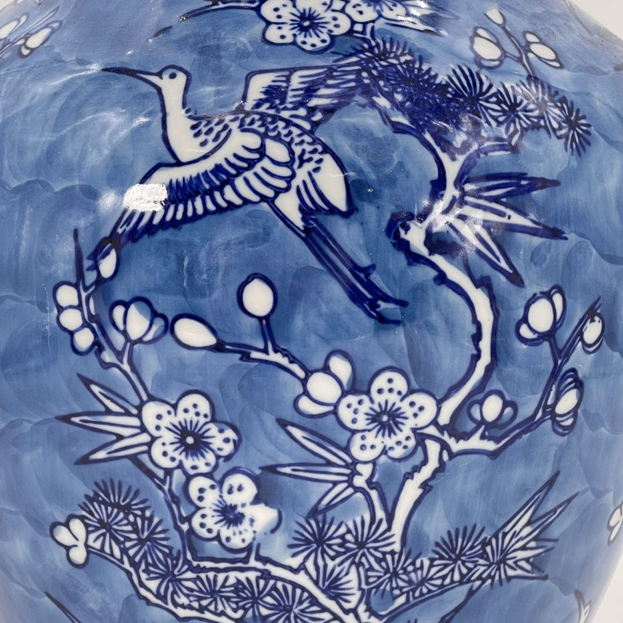 14" Blue & White Crane & Flowers Chinoiserie Ceramic Vase