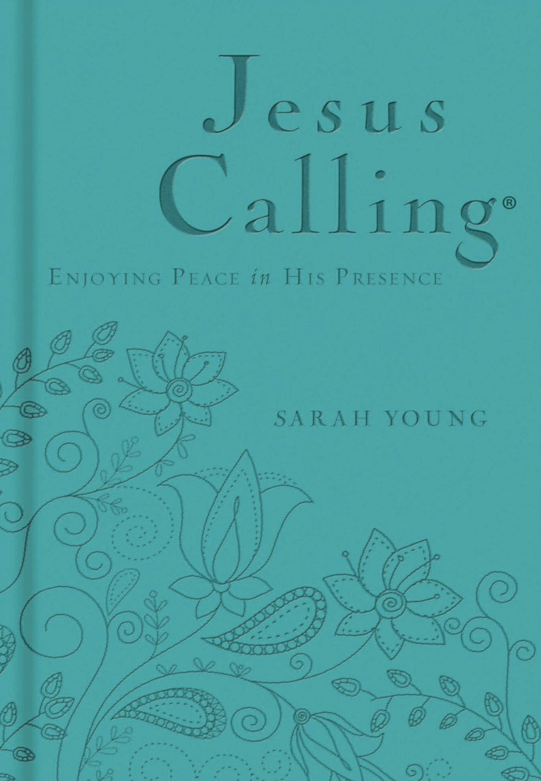 Teal cover of Jesus Calling by Sarah Young with floral patterns and silver text.