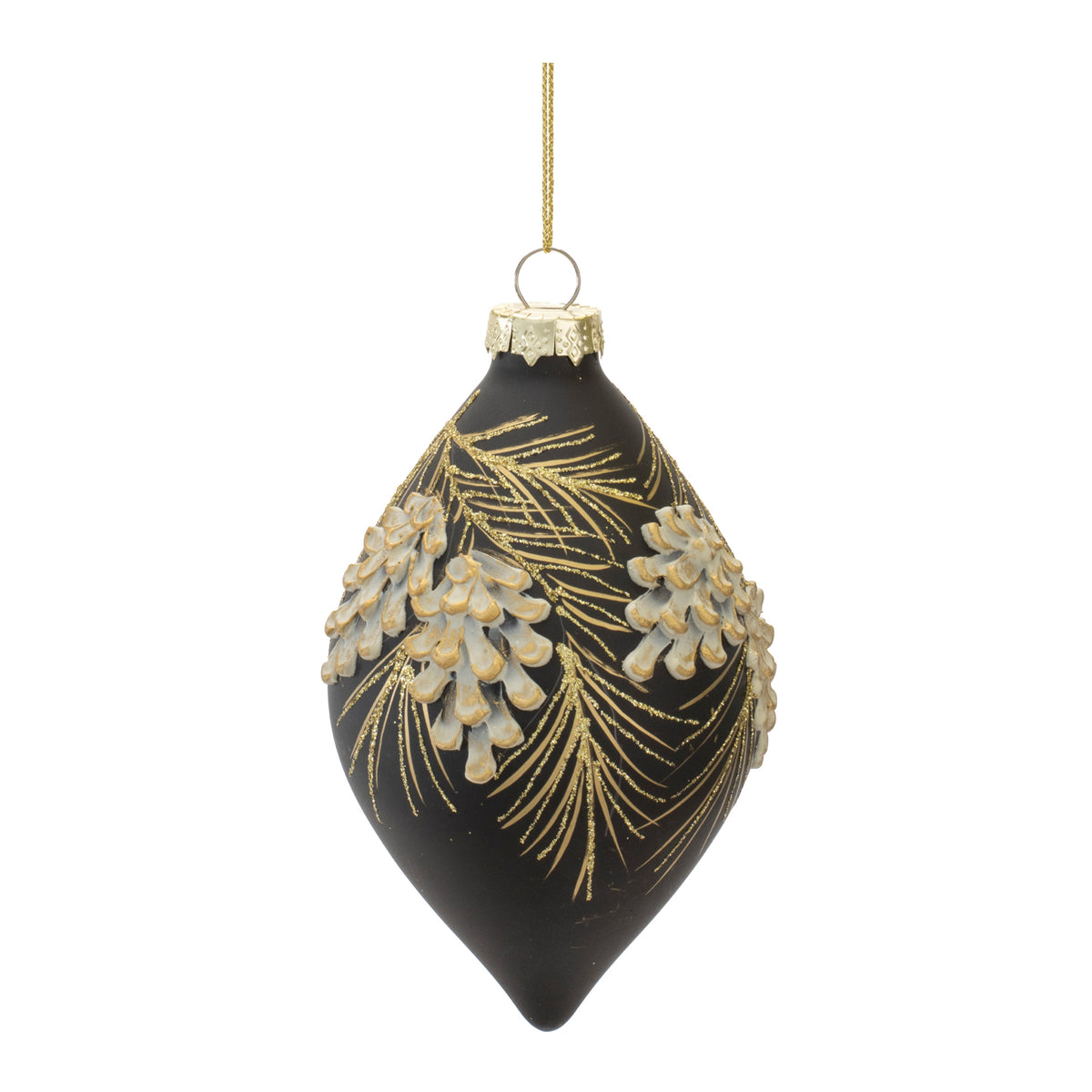 Black teardrop glass ornament with gold pine needles and white pine cone accents.