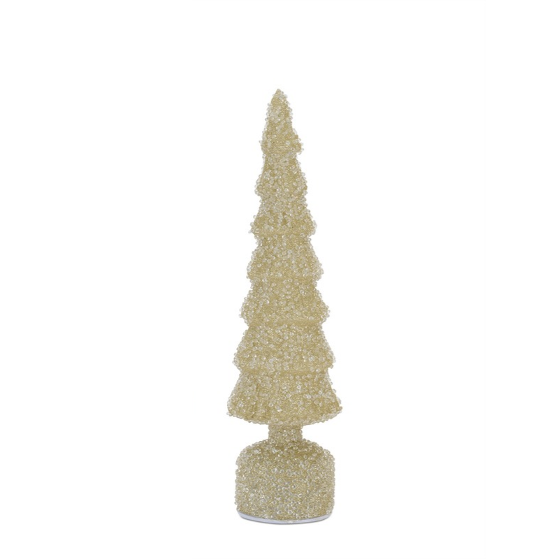 Shimmering gold beaded rotating LED tabletop Christmas tree with a tiered design.