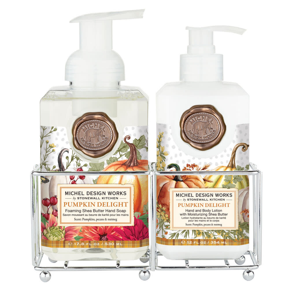 Hand Care Caddy containing foaming hand soap and lotion bottles.