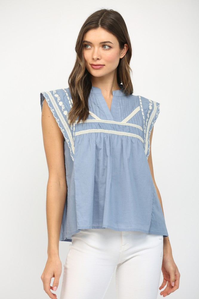 Leah Ruffle Sleeve Blouse With Tape And Embroidery