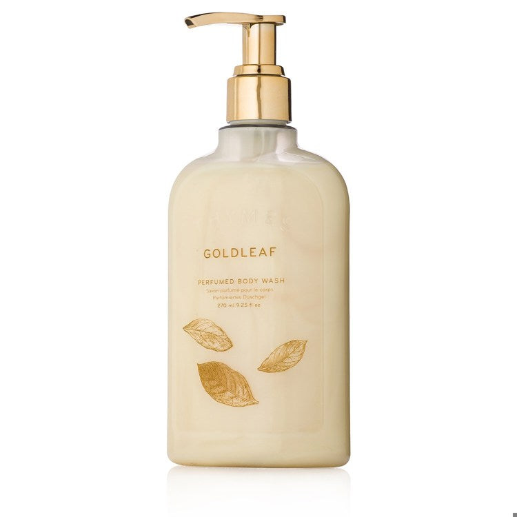 Goldleaf perfumed body wash bottle with gold leaf accents
