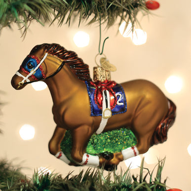 Wooden racehorse ornament with a glossy finish in brown tones.