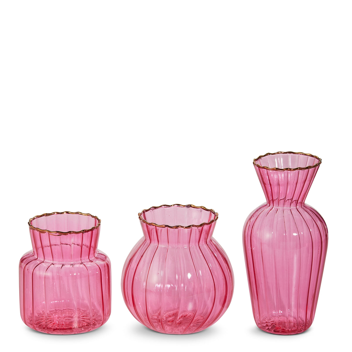Pink ribbed glass vase with a cylindrical silhouette