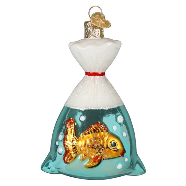 Goldfish In A Bag Ornament featuring a swimming goldfish inside a clear bag with holiday lights.