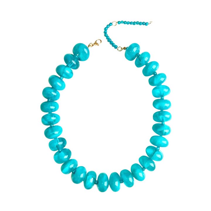 Bailey Chunky Beaded Necklace featuring large, glossy turquoise marbled beads and a gold clasp.