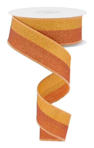 Mustard polyester ribbon with fine glitter texture in a flat lay.