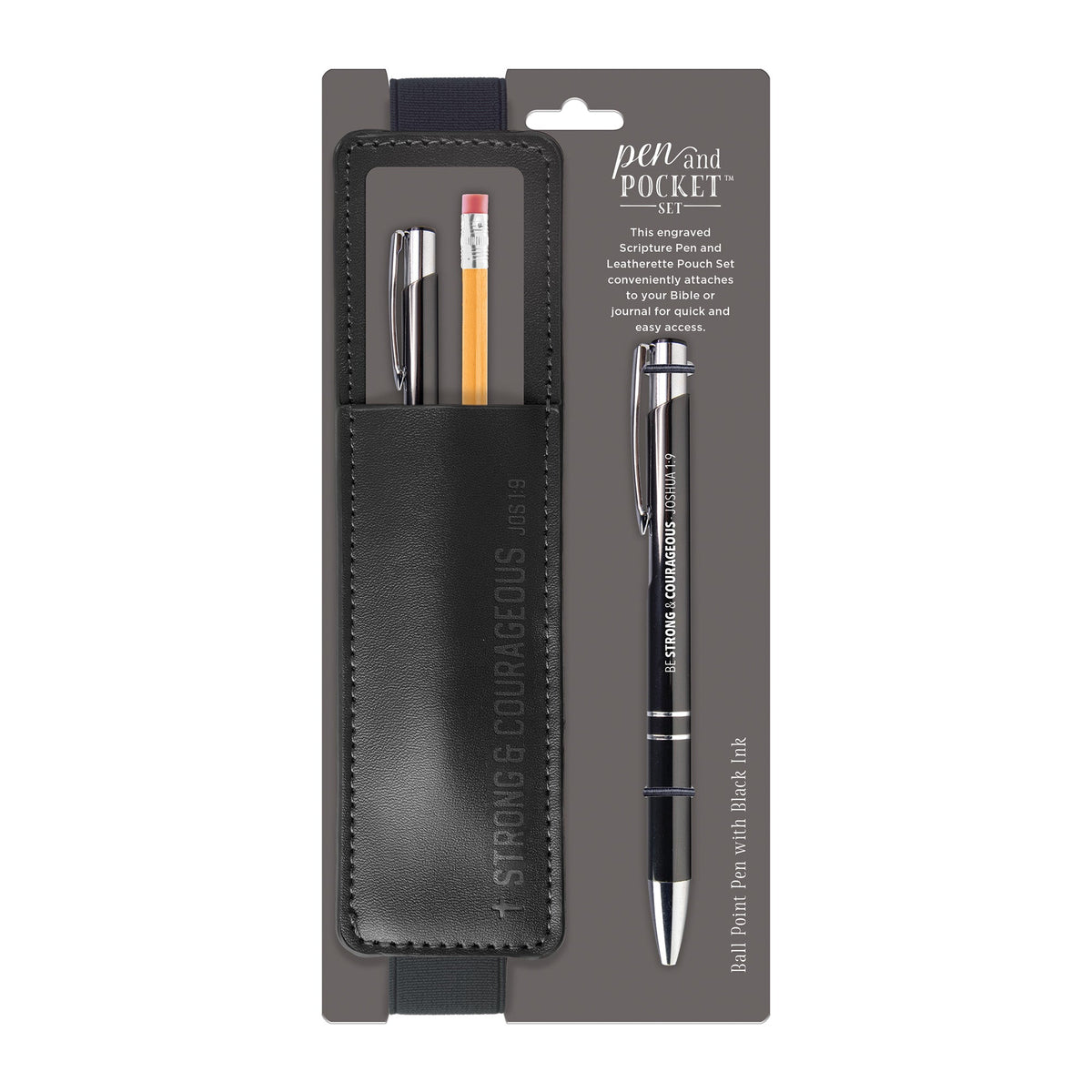 Pen and Pocket Set featuring a black leatherette pouch and a metal ballpoint pen with black ink.
