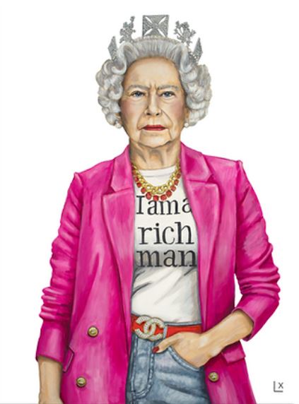 Artwork print of Queen Elizabeth II wearing a pink blazer, jeans, and a t-shirt that says "I am a rich man."
