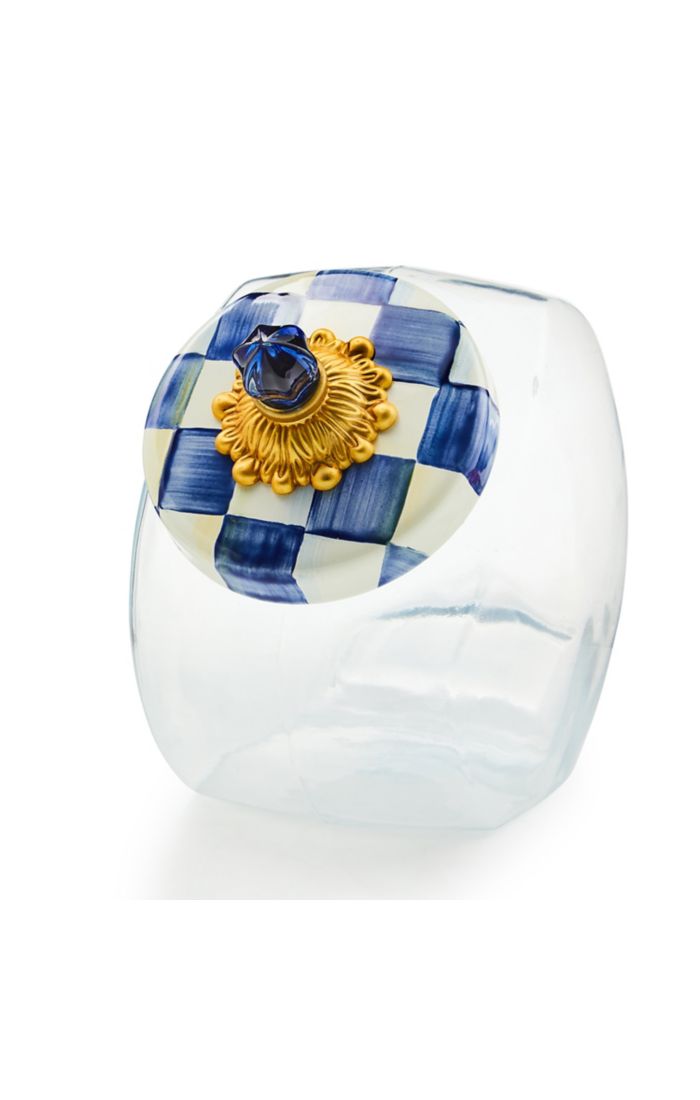Glass cookie jar with hand-painted Royal Check enamel lid featuring brass bobeche and glass finial.