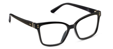 Octavia eyeglasses with gold-accented hinges on a shiny recycled polycarbonate frame.
