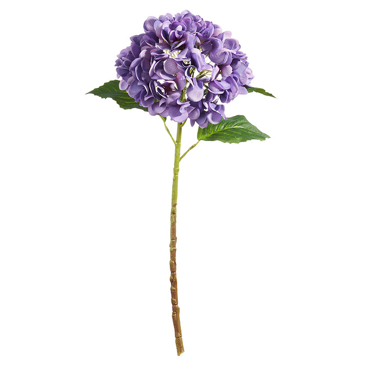 Purple hydrangea stem with foam and polyester bloom measuring 20.5 inches long.