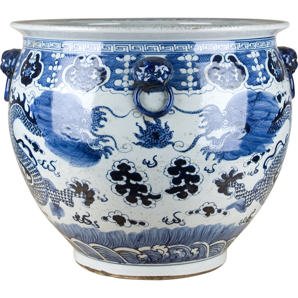Blue and white porcelain fishbowl with dragon motif