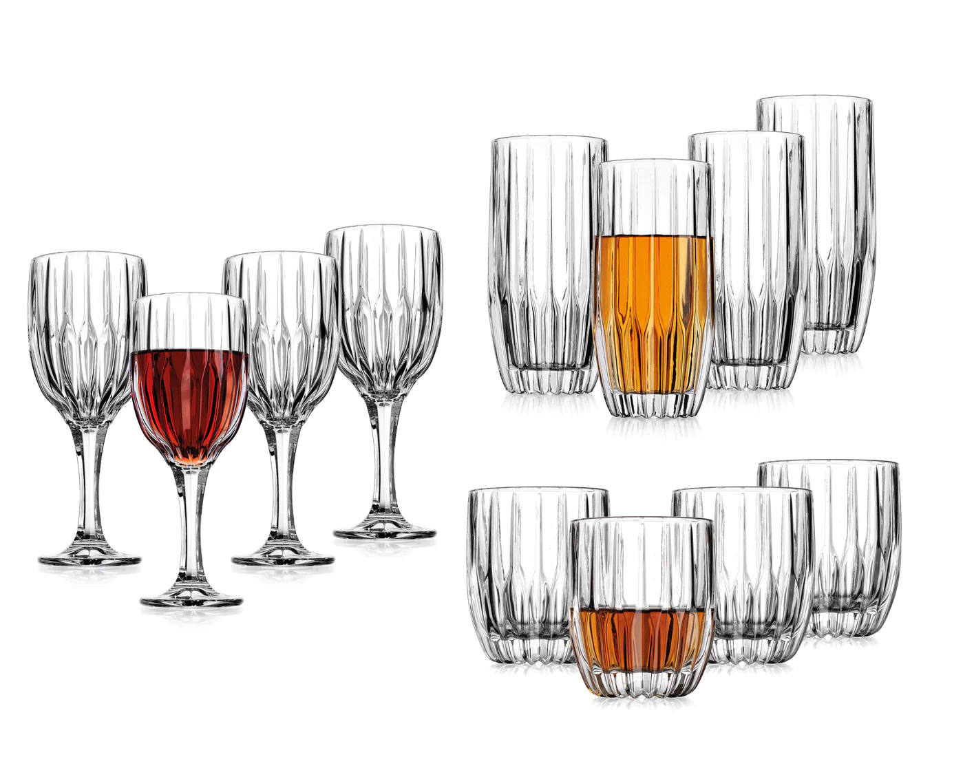 Set of twelve clear unlead crystal glasses including four goblets, four highballs, and four double old fashion tumblers.