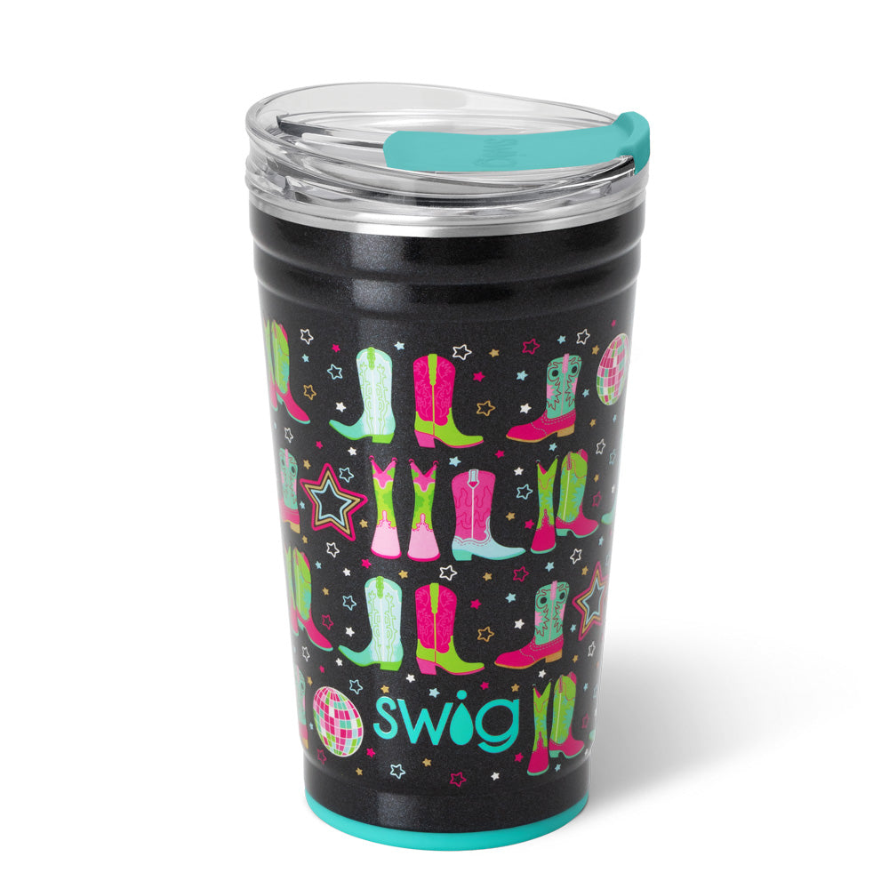Black 24oz insulated party cup with a colorful cowboy boot and disco ball pattern and teal lid.