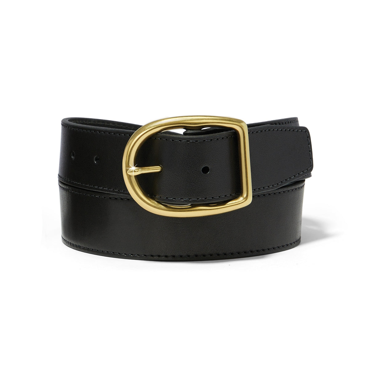 Black leather belt with brass buckle hardware