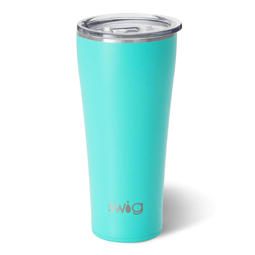 A 32oz teal stainless steel tumbler with a slim silhouette and a clear lid.