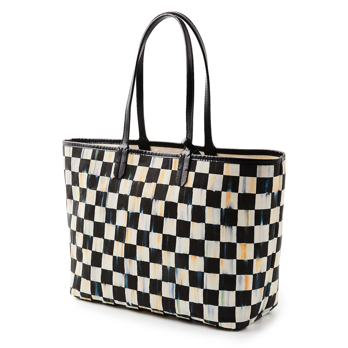 Courtly Check Marche Medium Tote with black and white hand-painted pattern and black leather straps.