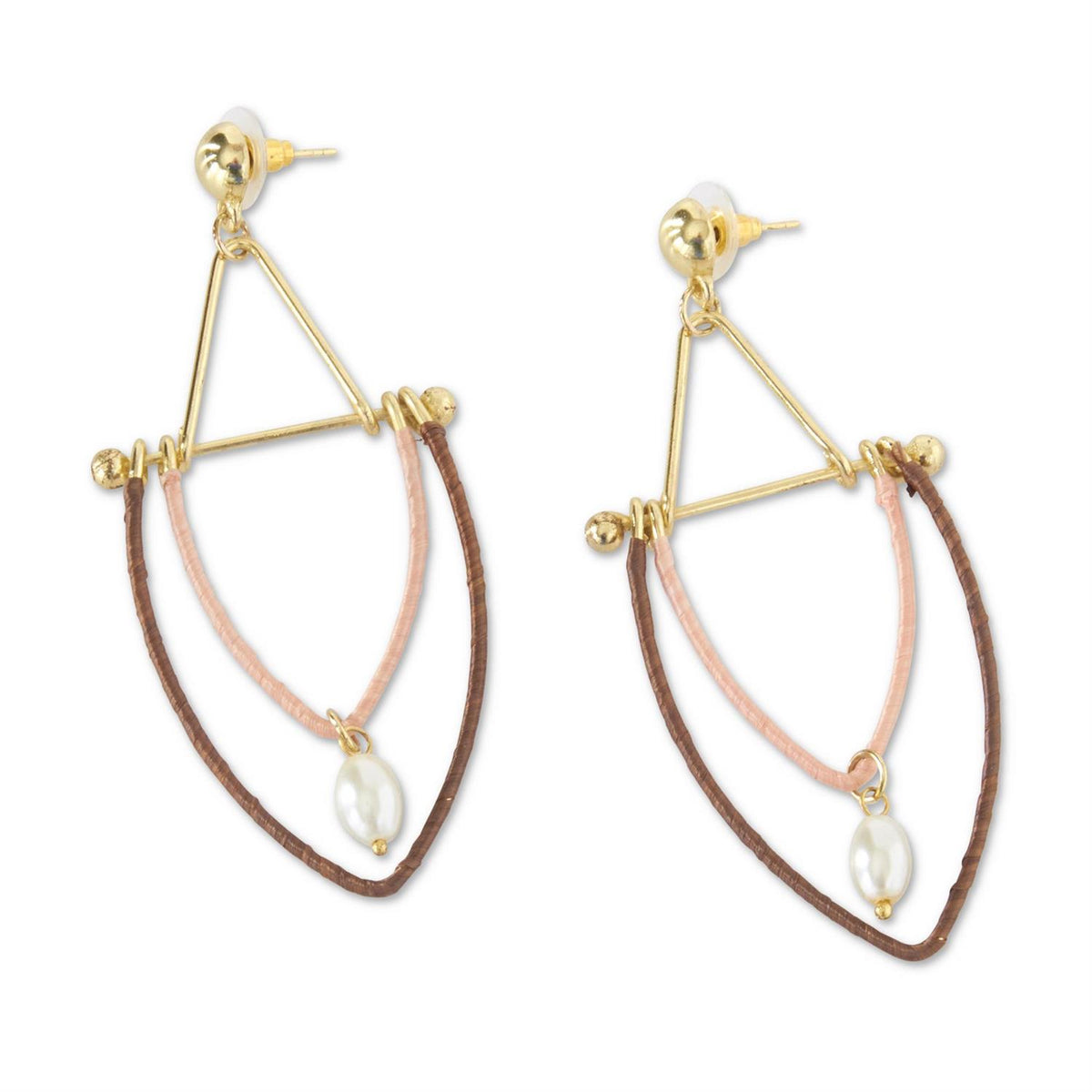Peach and brown wrapped geometric drop earrings with gold-tone frames and white pearl accents.