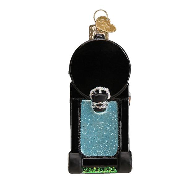 Hand-painted glass smoker BBQ Christmas ornament with black finish and blue glitter accents.