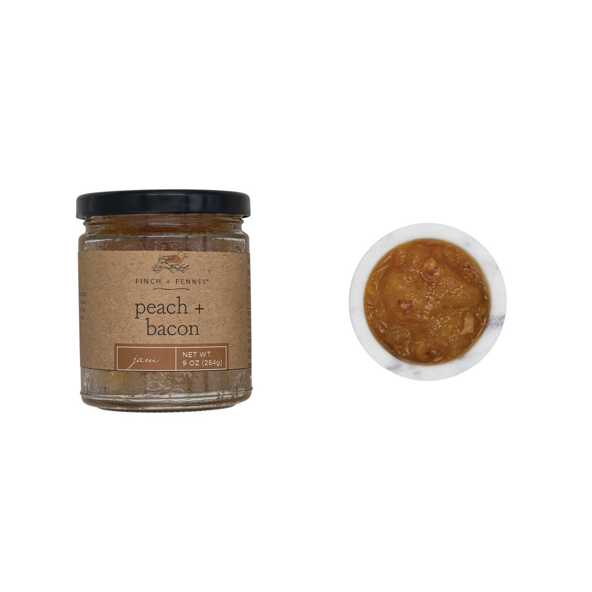9 oz jar of peach and bacon jam with a smooth texture