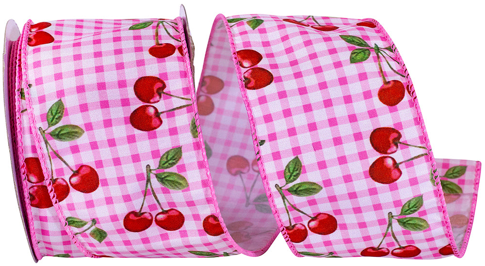 Cherries Tossed Gingham wired edge ribbon in red with white polka dots on a polyester background.
