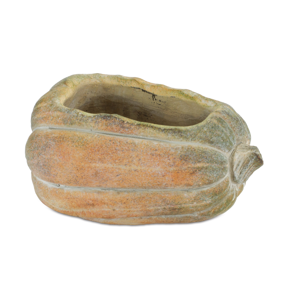Rustic pumpkin-shaped cement container with a weathered orange and green finish.