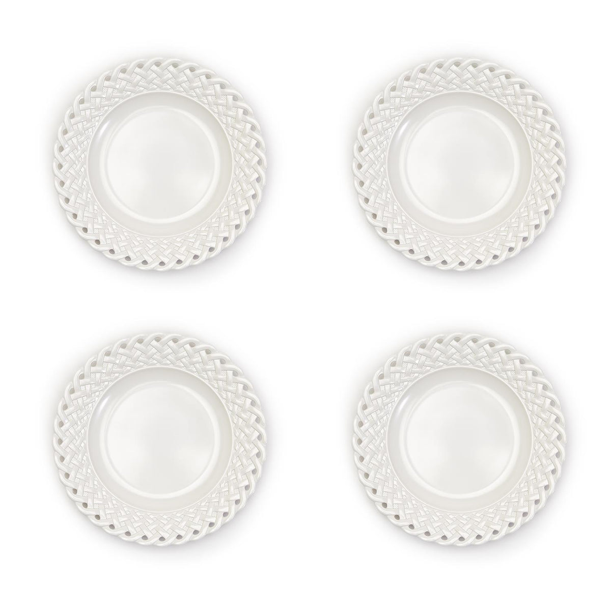 Set of four white lattice-patterned melamine salad or dessert plates on a white background.