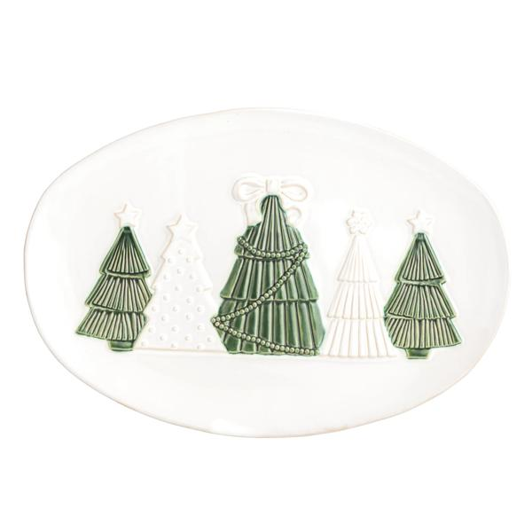 Oval white ceramic platter featuring five embossed Christmas trees in green and white.